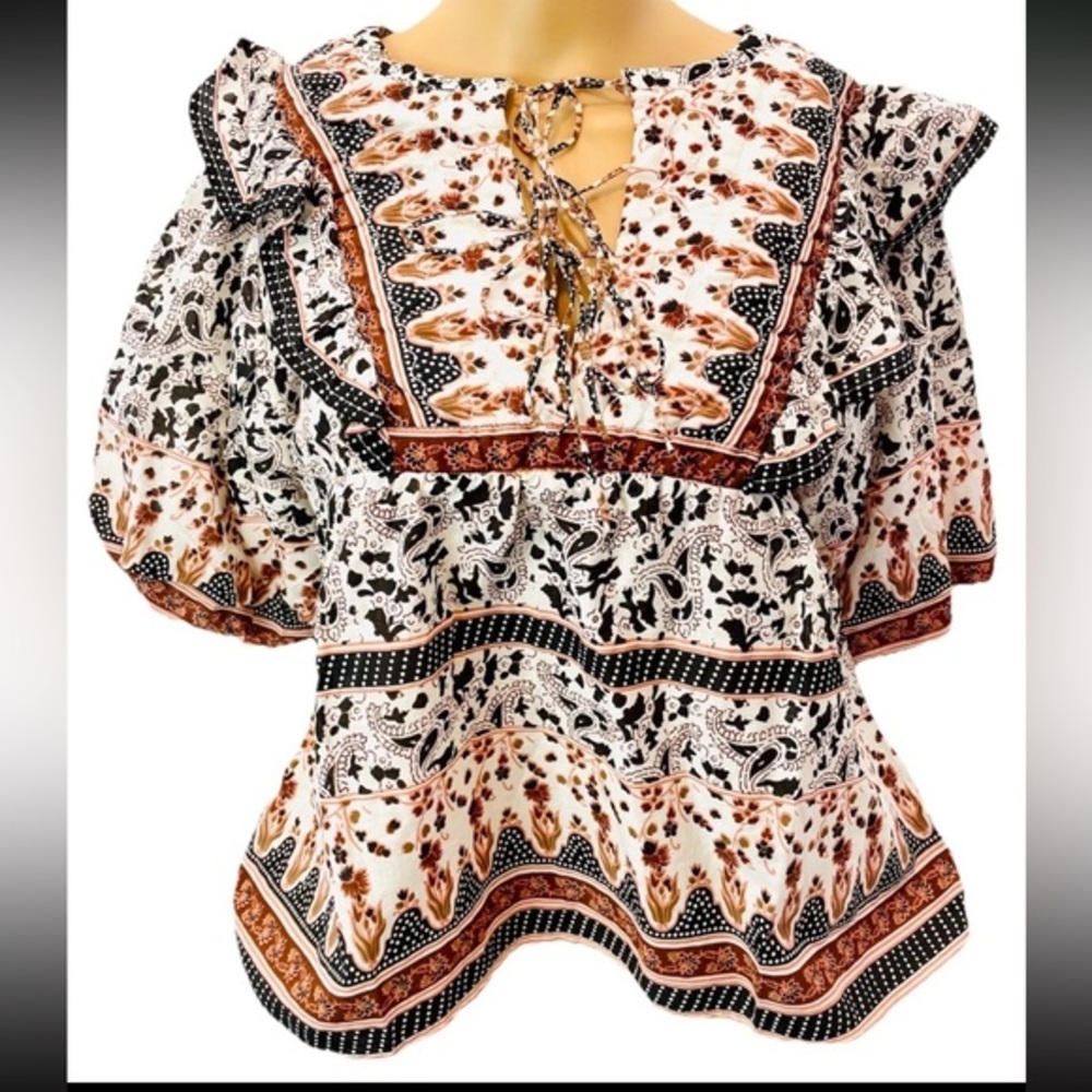 Boho Calypso St. Barth Puff Sleeve Peasant Top S New!